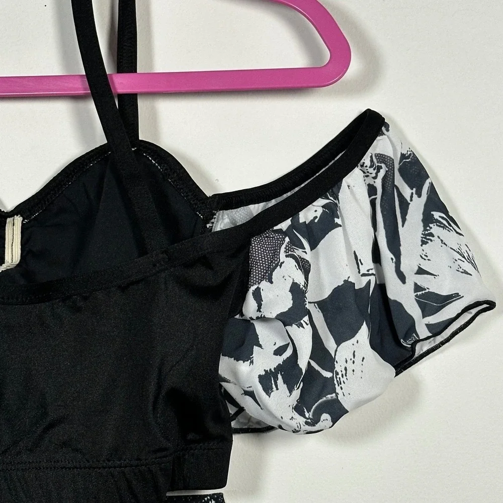 Alexandra Just For Kix Dance Costume Black White Floral Crop Top Briefs adult XS